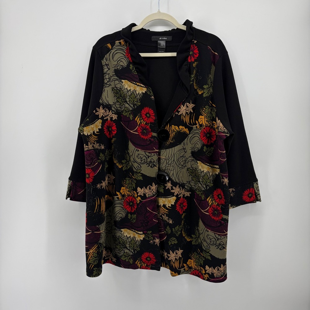 Ali Miles Womens 1X Multi Color Floral Jacket Ruffle Collar 3/4 Sleeve Art Wear